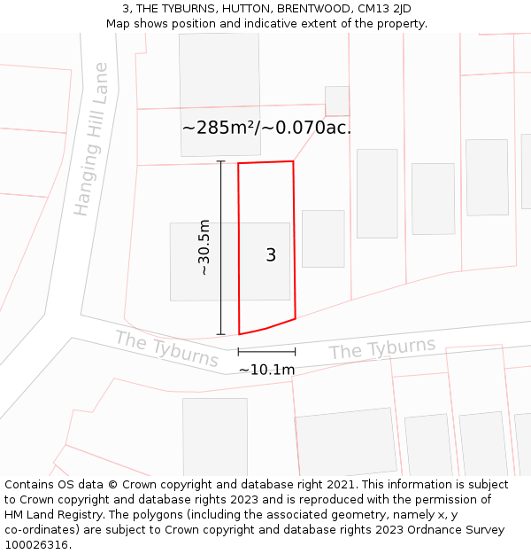 3, THE TYBURNS, HUTTON, BRENTWOOD, CM13 2JD: Plot and title map