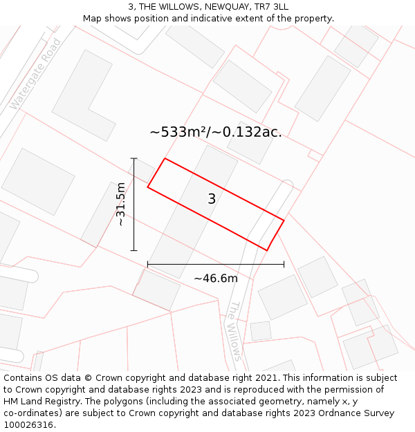 3, THE WILLOWS, NEWQUAY, TR7 3LL: Plot and title map