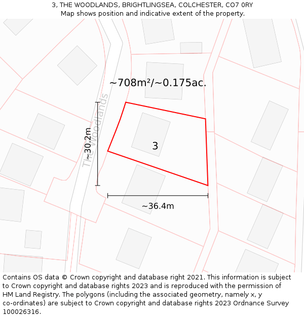 3, THE WOODLANDS, BRIGHTLINGSEA, COLCHESTER, CO7 0RY: Plot and title map