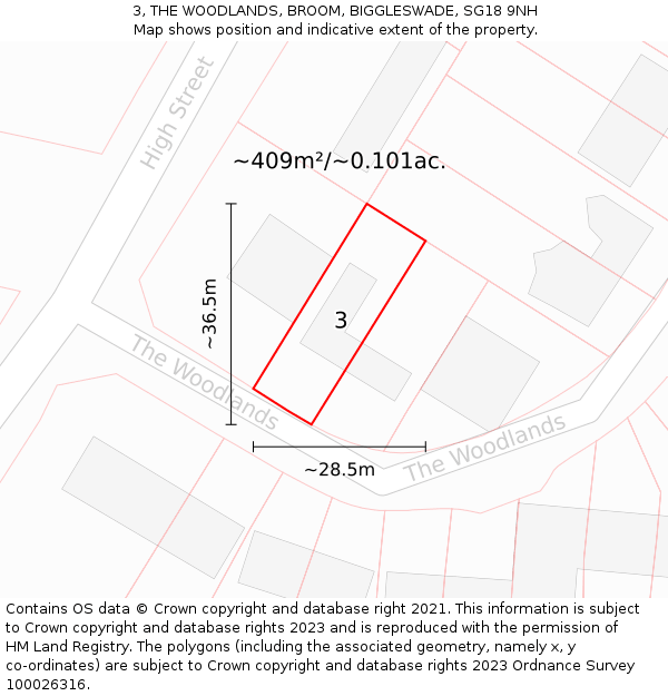 3, THE WOODLANDS, BROOM, BIGGLESWADE, SG18 9NH: Plot and title map