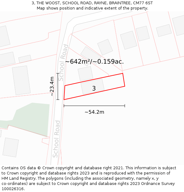 3, THE WOOST, SCHOOL ROAD, RAYNE, BRAINTREE, CM77 6ST: Plot and title map