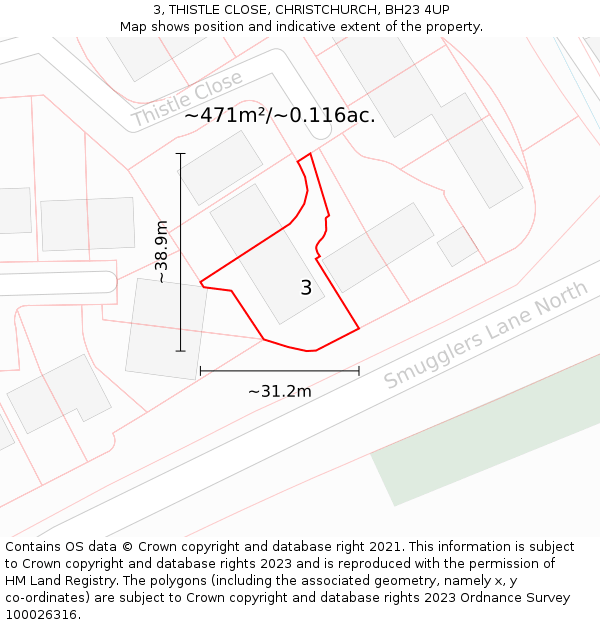 3, THISTLE CLOSE, CHRISTCHURCH, BH23 4UP: Plot and title map