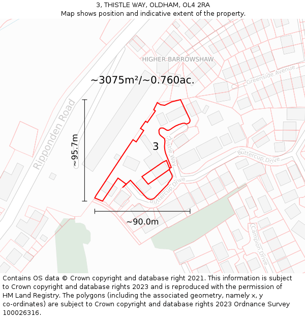 3, THISTLE WAY, OLDHAM, OL4 2RA: Plot and title map