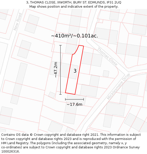 3, THOMAS CLOSE, IXWORTH, BURY ST. EDMUNDS, IP31 2UQ: Plot and title map