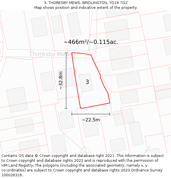 3, THORESBY MEWS, BRIDLINGTON, YO16 7GZ: Plot and title map