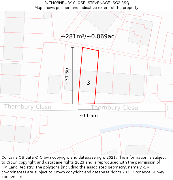 3, THORNBURY CLOSE, STEVENAGE, SG2 8SQ: Plot and title map