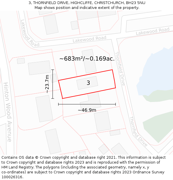 3, THORNFIELD DRIVE, HIGHCLIFFE, CHRISTCHURCH, BH23 5NU: Plot and title map