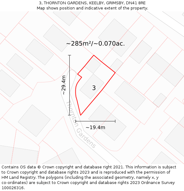 3, THORNTON GARDENS, KEELBY, GRIMSBY, DN41 8RE: Plot and title map