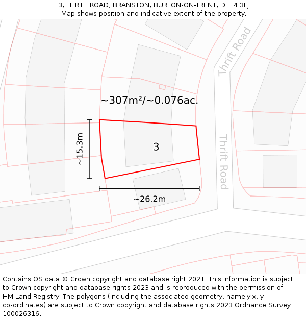 3, THRIFT ROAD, BRANSTON, BURTON-ON-TRENT, DE14 3LJ: Plot and title map