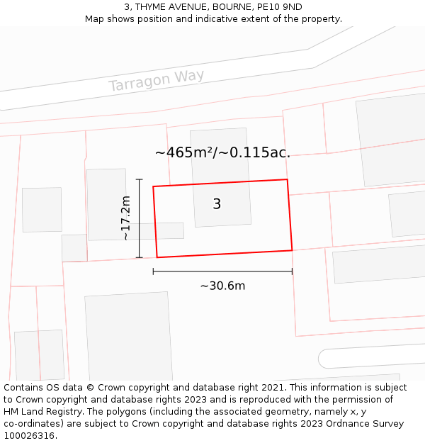 3, THYME AVENUE, BOURNE, PE10 9ND: Plot and title map