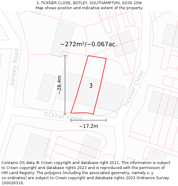 3, TICKNER CLOSE, BOTLEY, SOUTHAMPTON, SO30 2SW: Plot and title map