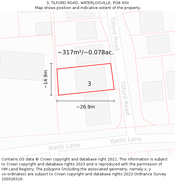 3, TILFORD ROAD, WATERLOOVILLE, PO8 9SX: Plot and title map