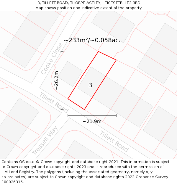 3, TILLETT ROAD, THORPE ASTLEY, LEICESTER, LE3 3RD: Plot and title map