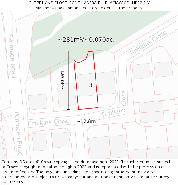 3, TIRFILKINS CLOSE, PONTLLANFRAITH, BLACKWOOD, NP12 2LY: Plot and title map