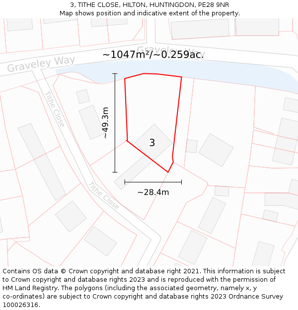 3, TITHE CLOSE, HILTON, HUNTINGDON, PE28 9NR: Plot and title map