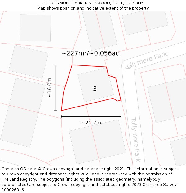 3, TOLLYMORE PARK, KINGSWOOD, HULL, HU7 3HY: Plot and title map