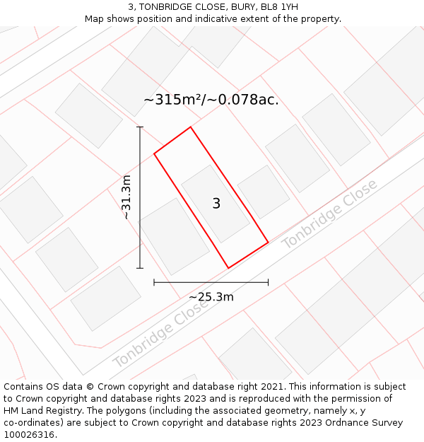 3, TONBRIDGE CLOSE, BURY, BL8 1YH: Plot and title map