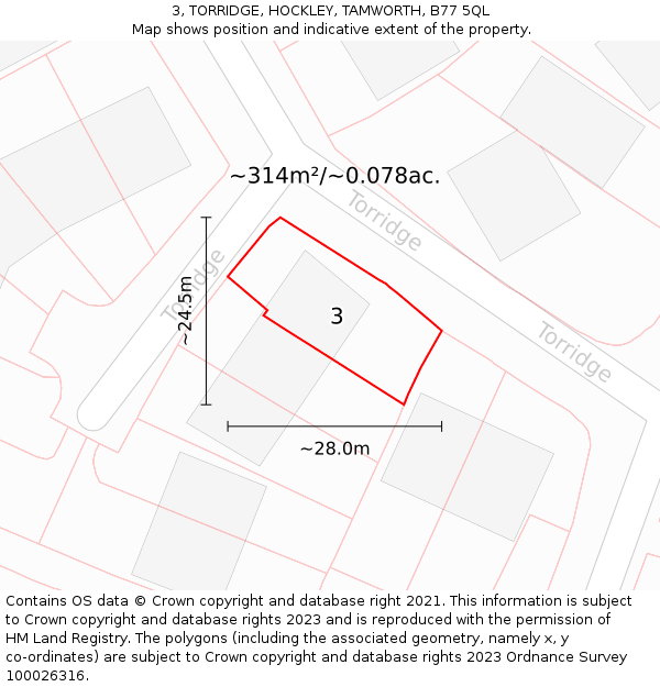 3, TORRIDGE, HOCKLEY, TAMWORTH, B77 5QL: Plot and title map