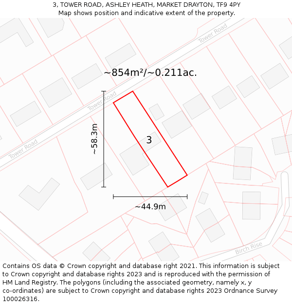 3, TOWER ROAD, ASHLEY HEATH, MARKET DRAYTON, TF9 4PY: Plot and title map