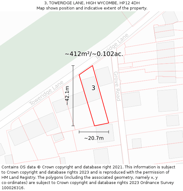 3, TOWERIDGE LANE, HIGH WYCOMBE, HP12 4DH: Plot and title map