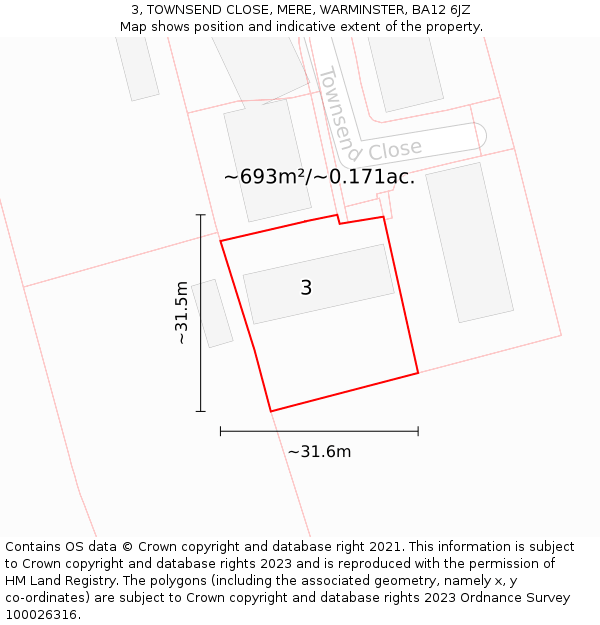 3, TOWNSEND CLOSE, MERE, WARMINSTER, BA12 6JZ: Plot and title map