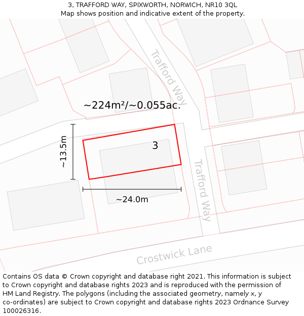 3, TRAFFORD WAY, SPIXWORTH, NORWICH, NR10 3QL: Plot and title map