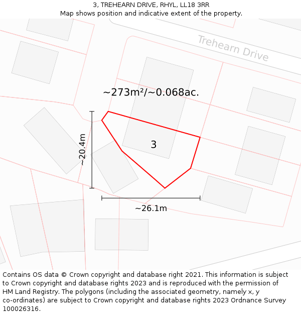 3, TREHEARN DRIVE, RHYL, LL18 3RR: Plot and title map