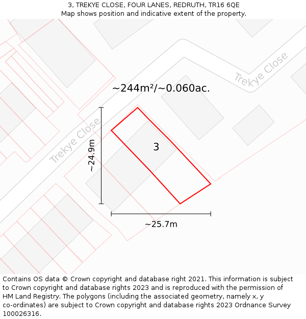 3, TREKYE CLOSE, FOUR LANES, REDRUTH, TR16 6QE: Plot and title map