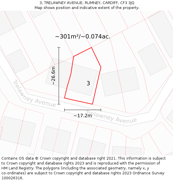 3, TRELAWNEY AVENUE, RUMNEY, CARDIFF, CF3 3JQ: Plot and title map