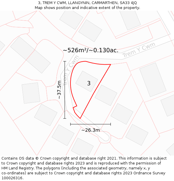 3, TREM Y CWM, LLANGYNIN, CARMARTHEN, SA33 4JQ: Plot and title map