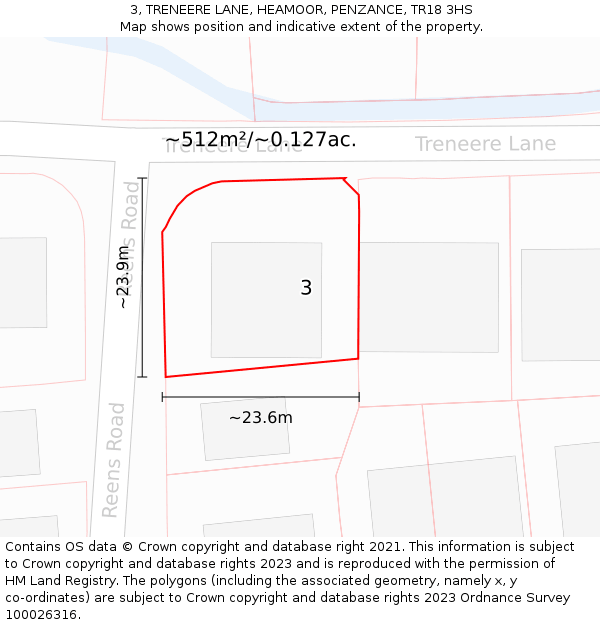 3, TRENEERE LANE, HEAMOOR, PENZANCE, TR18 3HS: Plot and title map