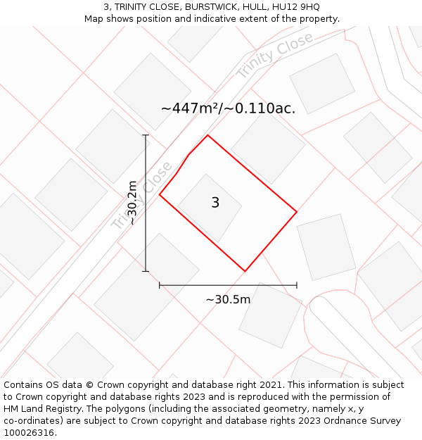 3, TRINITY CLOSE, BURSTWICK, HULL, HU12 9HQ: Plot and title map