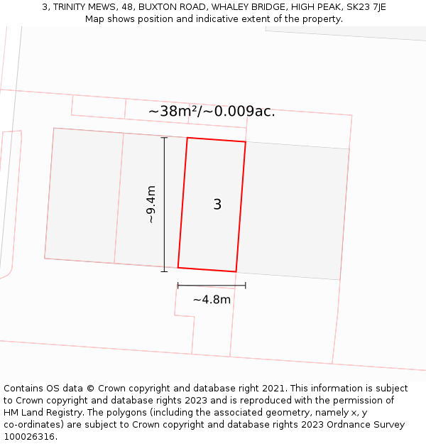 3, TRINITY MEWS, 48, BUXTON ROAD, WHALEY BRIDGE, HIGH PEAK, SK23 7JE: Plot and title map