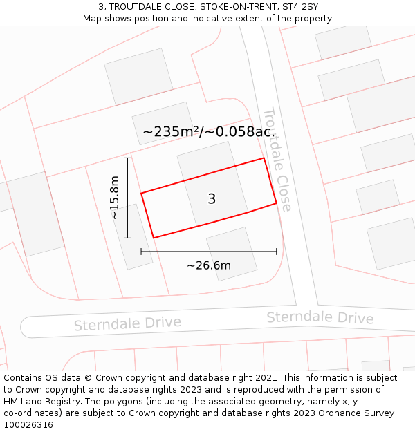 3, TROUTDALE CLOSE, STOKE-ON-TRENT, ST4 2SY: Plot and title map