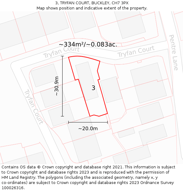 3, TRYFAN COURT, BUCKLEY, CH7 3PX: Plot and title map