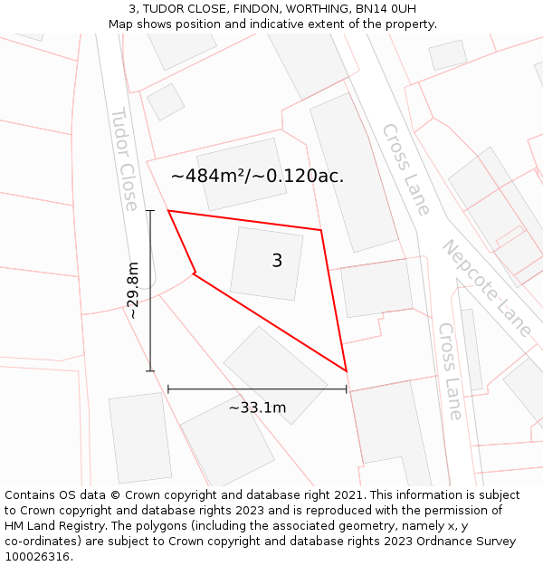 3, TUDOR CLOSE, FINDON, WORTHING, BN14 0UH: Plot and title map