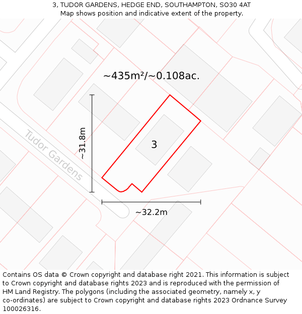 3, TUDOR GARDENS, HEDGE END, SOUTHAMPTON, SO30 4AT: Plot and title map