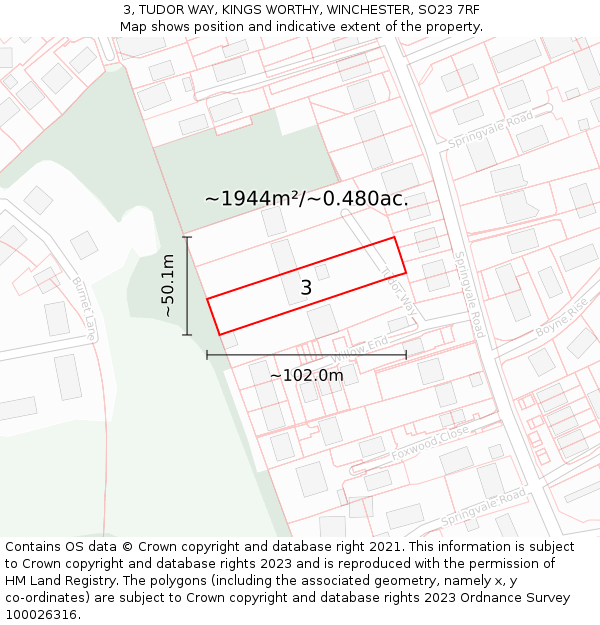 3, TUDOR WAY, KINGS WORTHY, WINCHESTER, SO23 7RF: Plot and title map