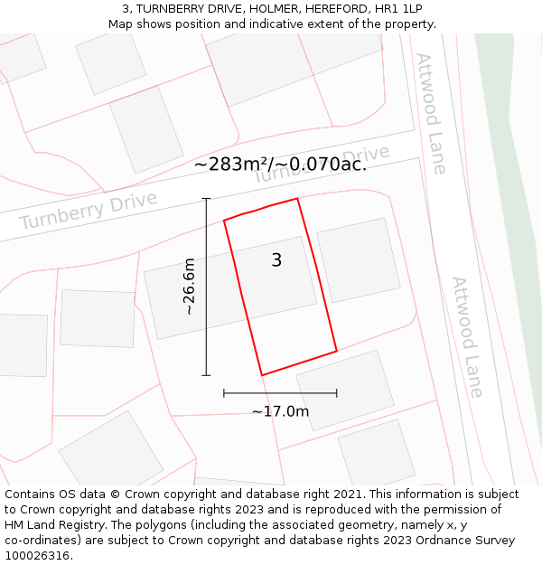 3, TURNBERRY DRIVE, HOLMER, HEREFORD, HR1 1LP: Plot and title map