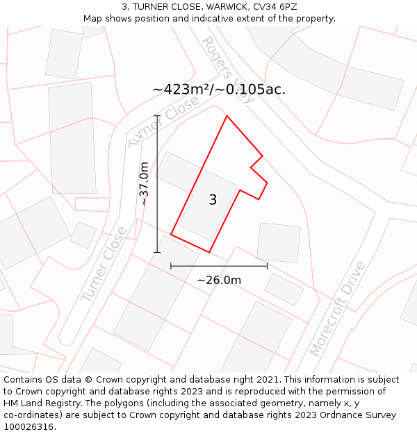 3, TURNER CLOSE, WARWICK, CV34 6PZ: Plot and title map