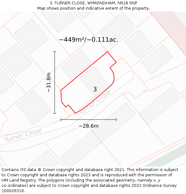 3, TURNER CLOSE, WYMONDHAM, NR18 0NP: Plot and title map
