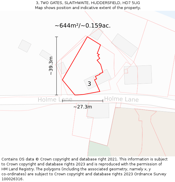 3, TWO GATES, SLAITHWAITE, HUDDERSFIELD, HD7 5UG: Plot and title map