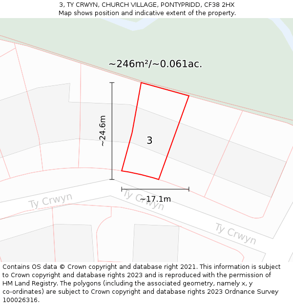 3, TY CRWYN, CHURCH VILLAGE, PONTYPRIDD, CF38 2HX: Plot and title map