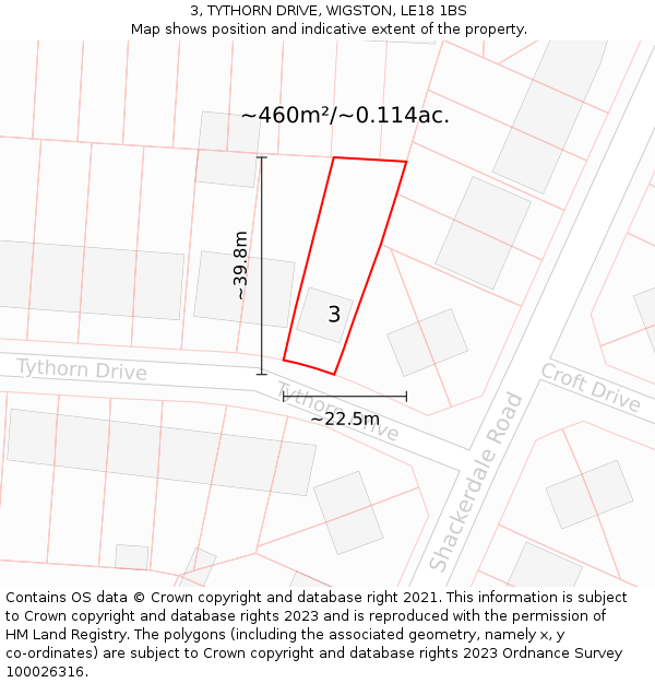 3, TYTHORN DRIVE, WIGSTON, LE18 1BS: Plot and title map