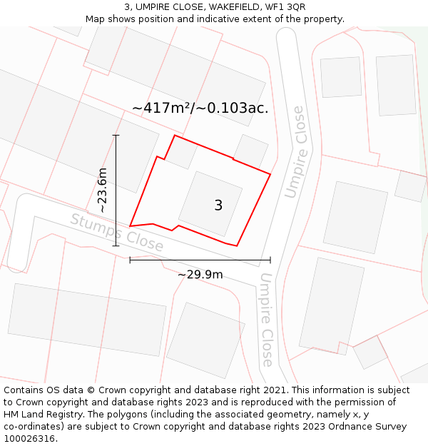 3, UMPIRE CLOSE, WAKEFIELD, WF1 3QR: Plot and title map