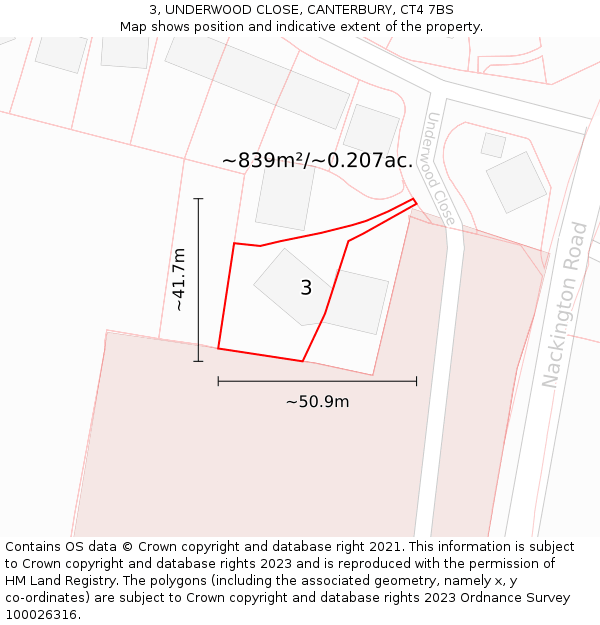 3, UNDERWOOD CLOSE, CANTERBURY, CT4 7BS: Plot and title map