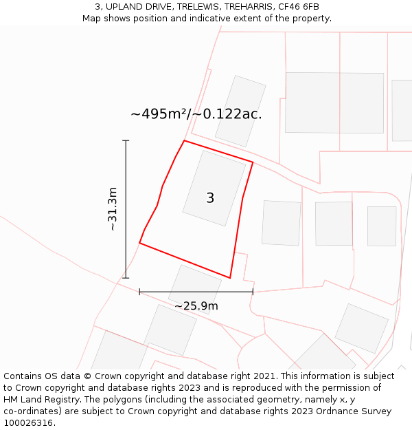 3, UPLAND DRIVE, TRELEWIS, TREHARRIS, CF46 6FB: Plot and title map