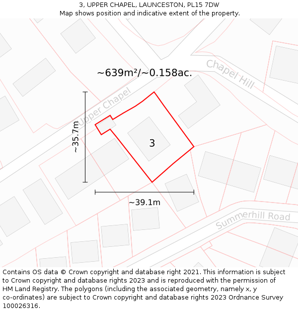 3, UPPER CHAPEL, LAUNCESTON, PL15 7DW: Plot and title map