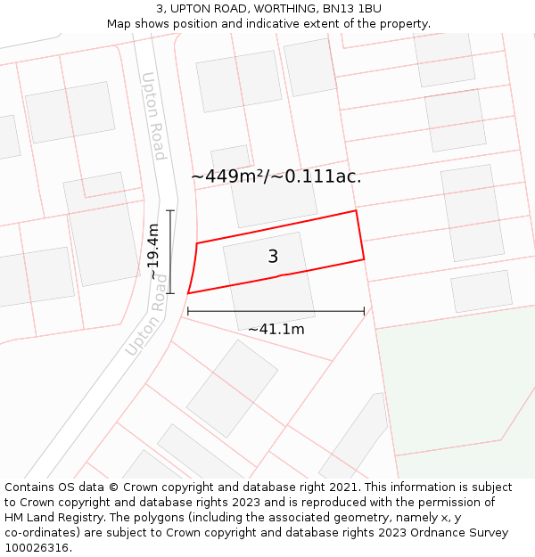 3, UPTON ROAD, WORTHING, BN13 1BU: Plot and title map