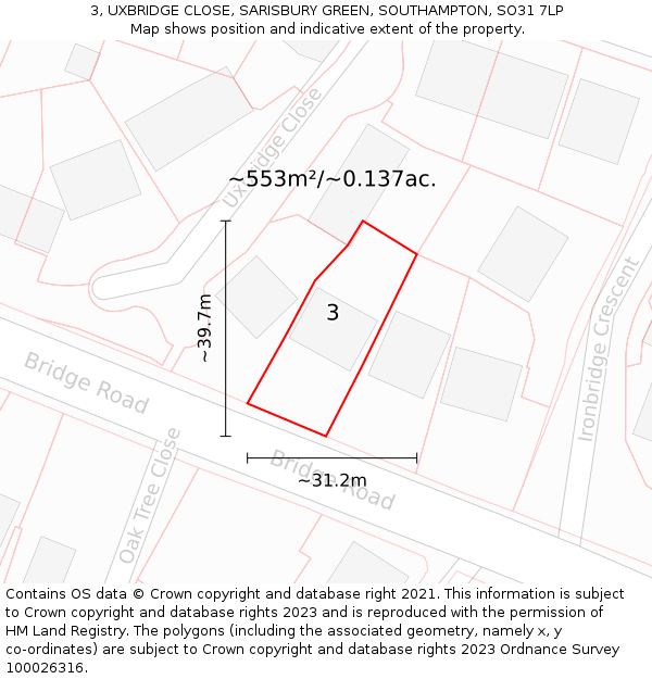 3, UXBRIDGE CLOSE, SARISBURY GREEN, SOUTHAMPTON, SO31 7LP: Plot and title map